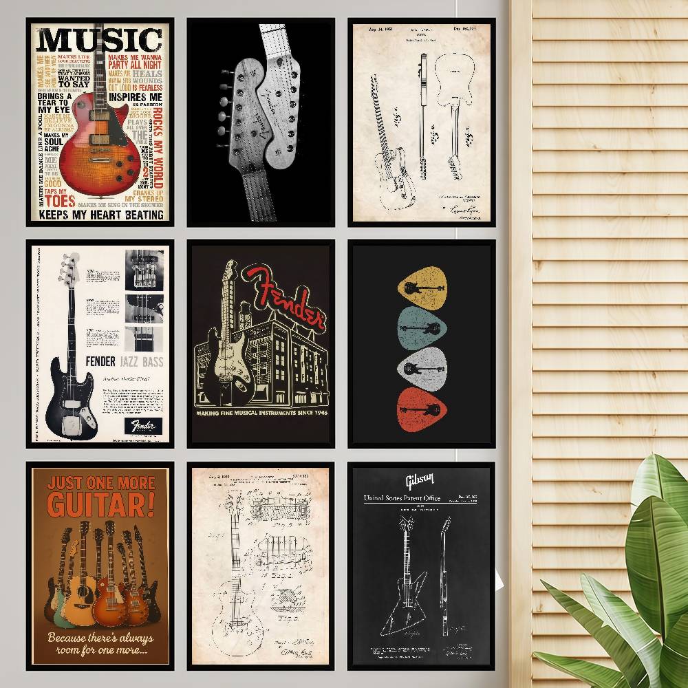 Vintage Collectible Posters - คอลเลกชันกีตาร์ศิลปะกาวในตัวโปสเตอร์แฟนซีสติ๊กเกอร์ติดผนังสำหรับห้องนั่งเล่นบาร์ตกแต่งภาพวาดตกแต่งสไตล์วินเทจ