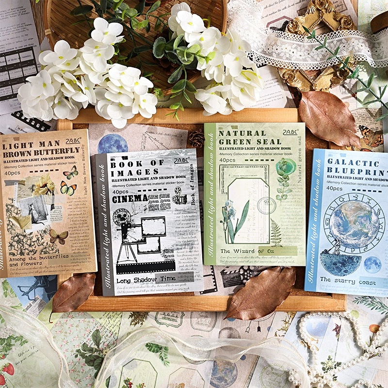 Vintage Collectible Books - สมุดสติกเกอร์ภาพประกอบ 40 แผ่น ซีรีส์แสงเงา สติกเกอร์สไตล์วินเทจสำหรับสมุดบันทึก DIY