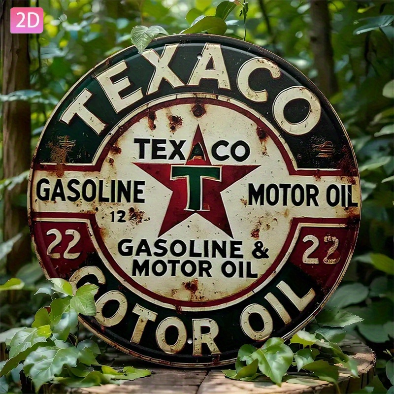 Vintage Collectible Plates - ป้ายโลหะรูปทรงกลมสไตล์วินเทจของ Texaco สำหรับตกแต่งผนัง ทำจากอะลูมิเนียม ดีไซน์สีแดง ขาว